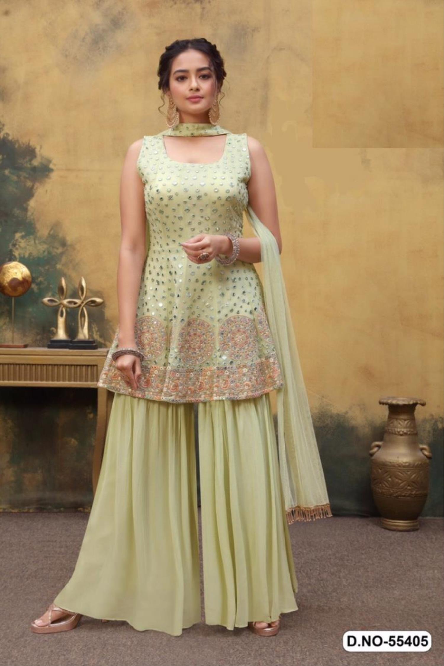 Beige Mirror Work Georgette Palazzo Suits SRF110321 – ShreeFashionWear